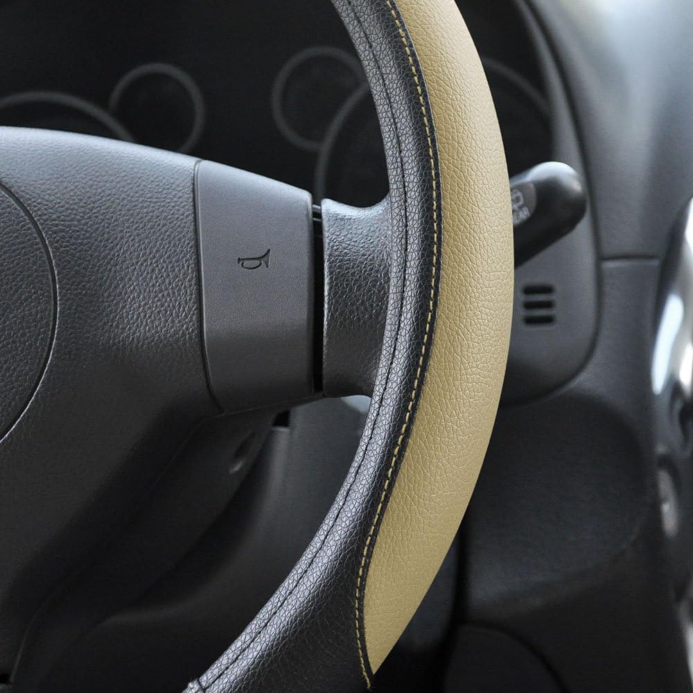 Elantrip Universal Microfiber Leather Steering Wheel Cover 14 1/2 inch to 15 inch for Car Auto, Truck, SUV, Anti Slip Odorless Tan (Beige)