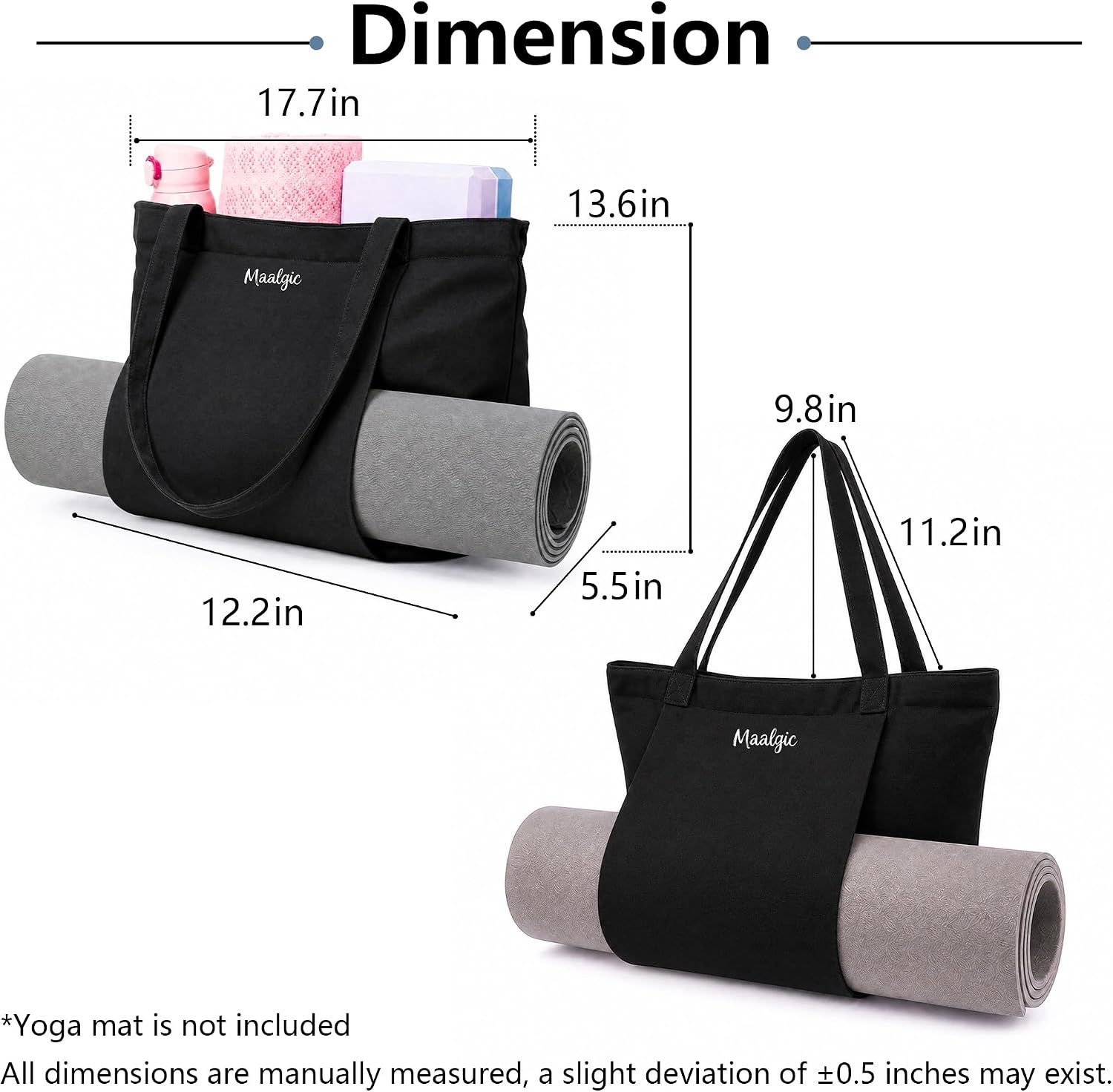 Canvas Yoga Tote Bag, Large Capacity Single Shoulder Yoga Gym Bag for Women Men, with Zipper Closure, Yoga Mat Carrier for Pilates Travel Beach Workout(Multiple Colors Available)