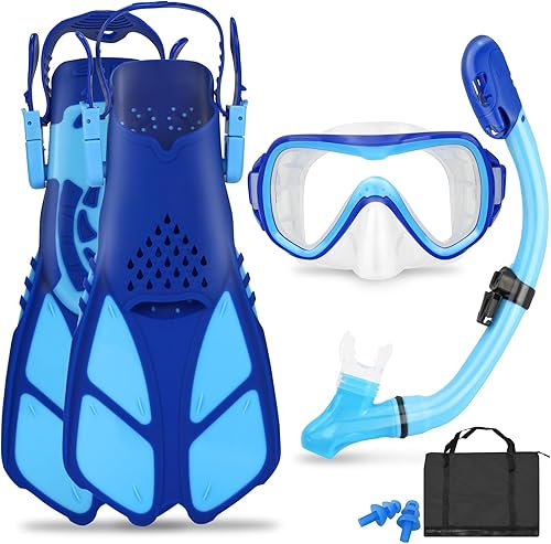 Juego de esnórquel para niños, aletas de máscara de esnórquel panorámica+snorkel superior seco, aletas de natación ajustables, bolsa de malla,