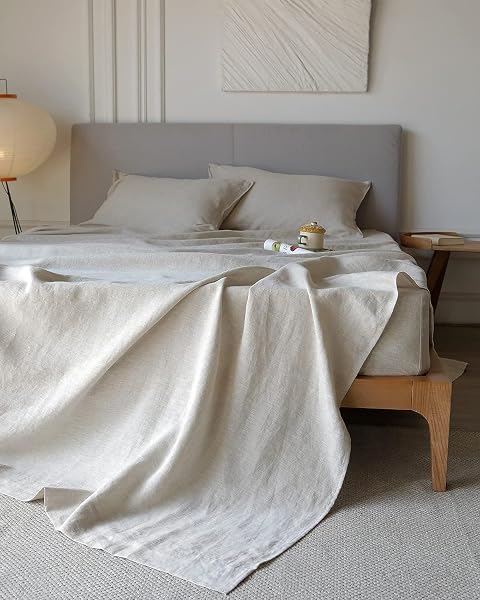 XZ XIFA Linen Bed Sheets Full Size 100 Washed French Flax Organic Linen Sheets Breathable and Cooling Sheets
