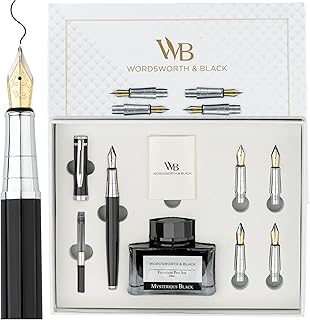 Wordsworth & Black Fountain Pen Gift Set, Includes Ink Bottle, 6 Ink Cartridges & A Refill Converter, 4 Replacement Nibs, Premium Package, Journaling, Calligraphy, Smooth Writing Pens [Black Chrome]
