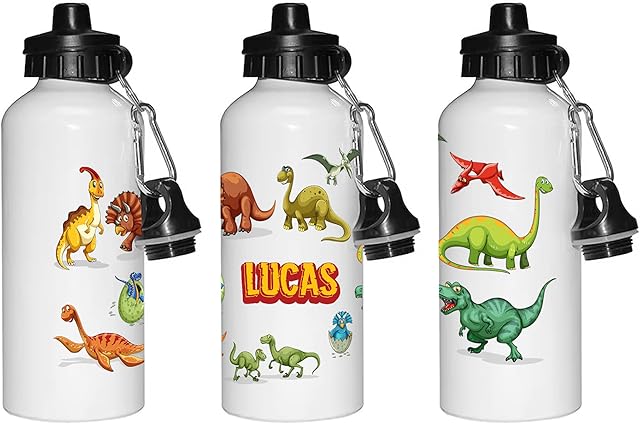 Print Maniacs Personalised Water Bottle School Sport Cap Drink White Silver 600ml or 400ml Aluminium Kid Boys Girls Biking Gift Dinasour (White, 400ml)