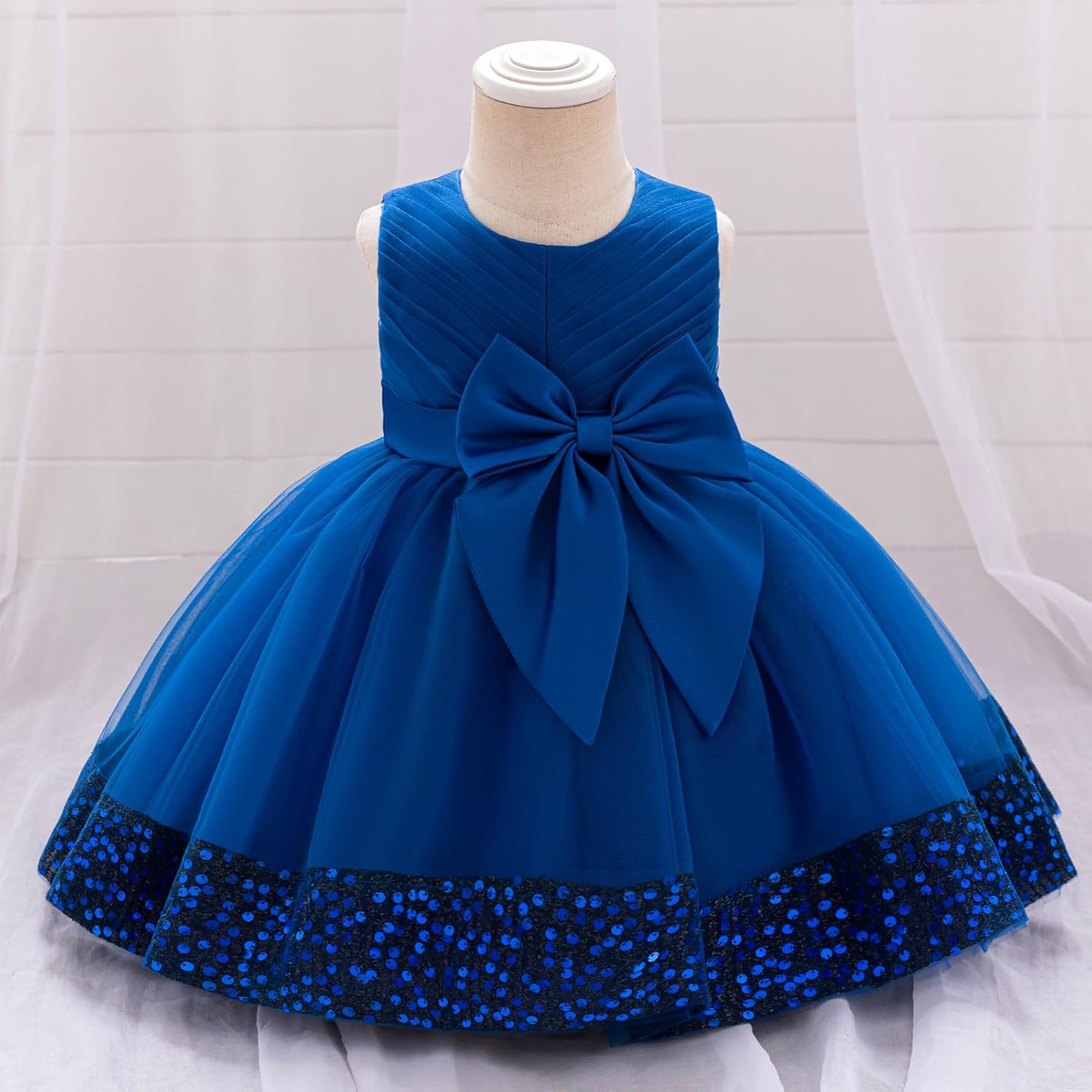 OBEEII Infant Baby Girls Pleated Bowknot Sequins Tulle Tutu Dress Toddler Formal Birthday Baptism Wedding Flower Girl Dress