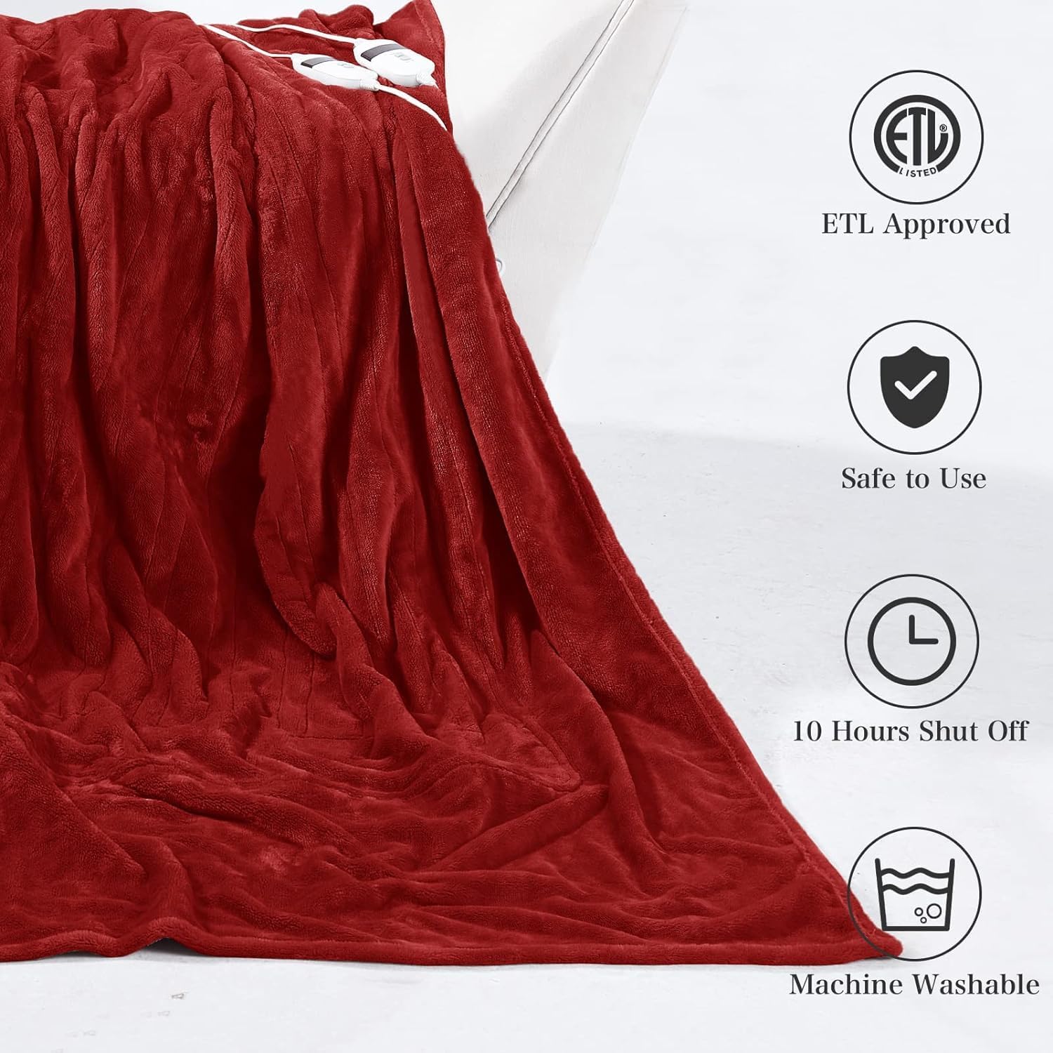 Heated Blanket Full Size, Burgundy, 62" x 84" Electric Throw Blankets with 5+1 Heat Settings Flannel Heating Blanket,10hrs of Auto Off, Machine Washable-2 Years Warranty