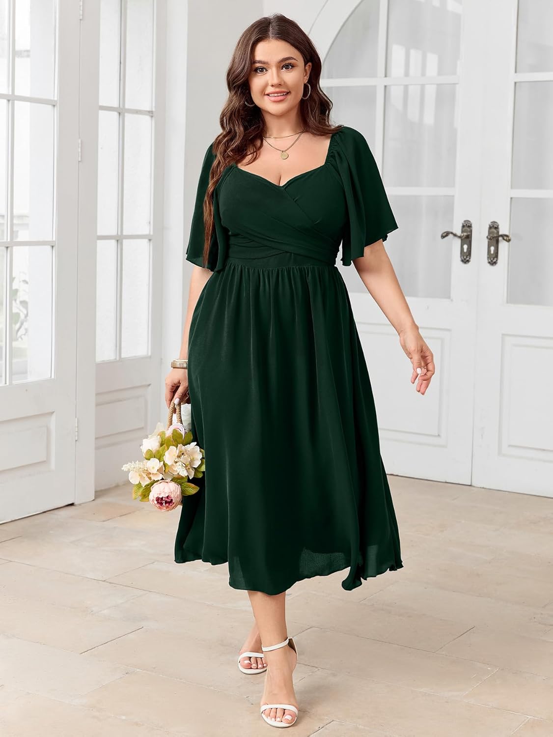 Women's Plus Size Midi Dress Sweetheart Neck Short Sleeve Wedding Guest Cocktail A Line Flowy Dress - Image 4