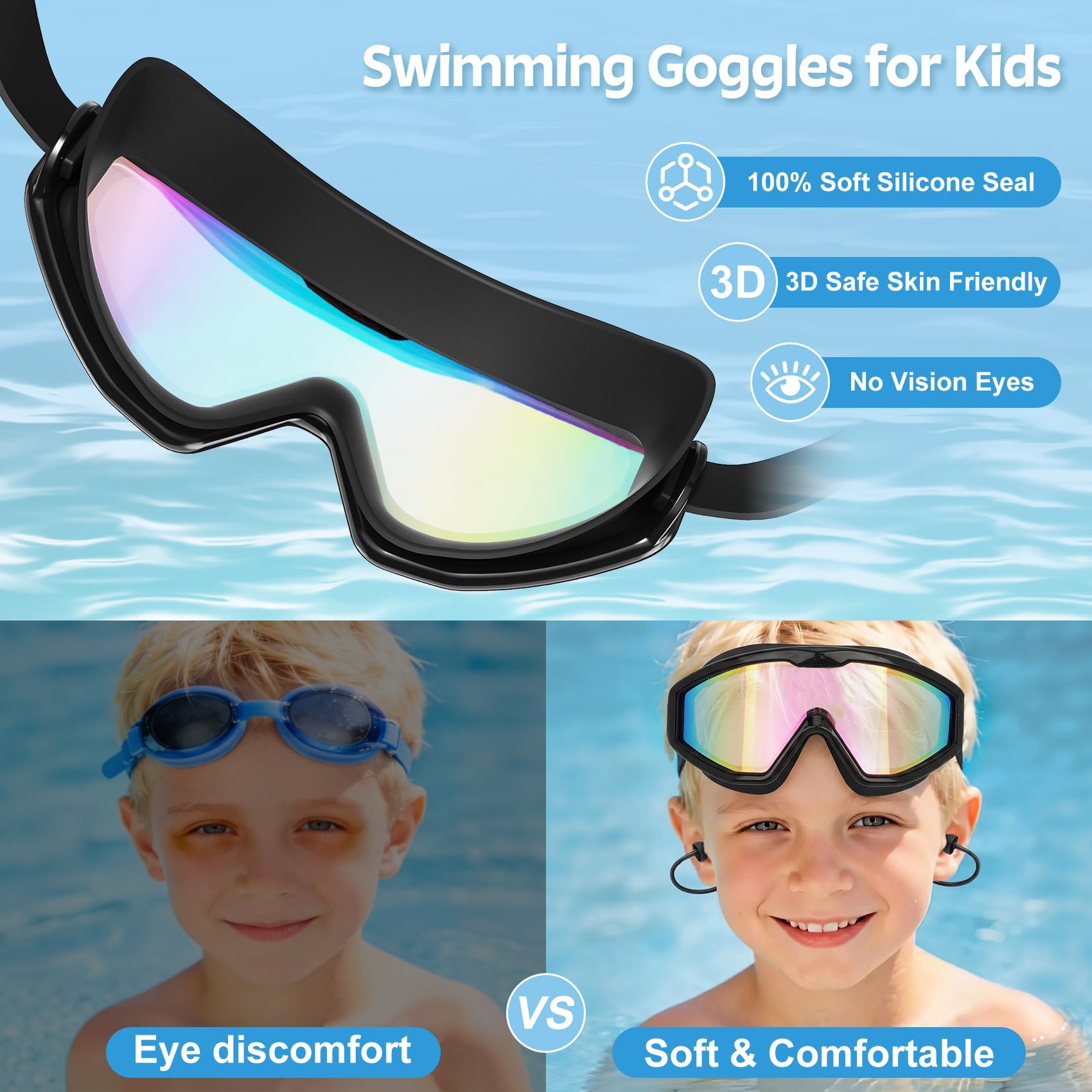 Schwimmbrille für Kinder von 6–14 Jahren, Schwimmbrille mit Ohrstöpseln, Nasenklammer, Anti-Beschlag-UV-Schutz, Weitsicht, großer Rahmen, Pool, Wasser, Kinderbrille für Jungen, Mädchen