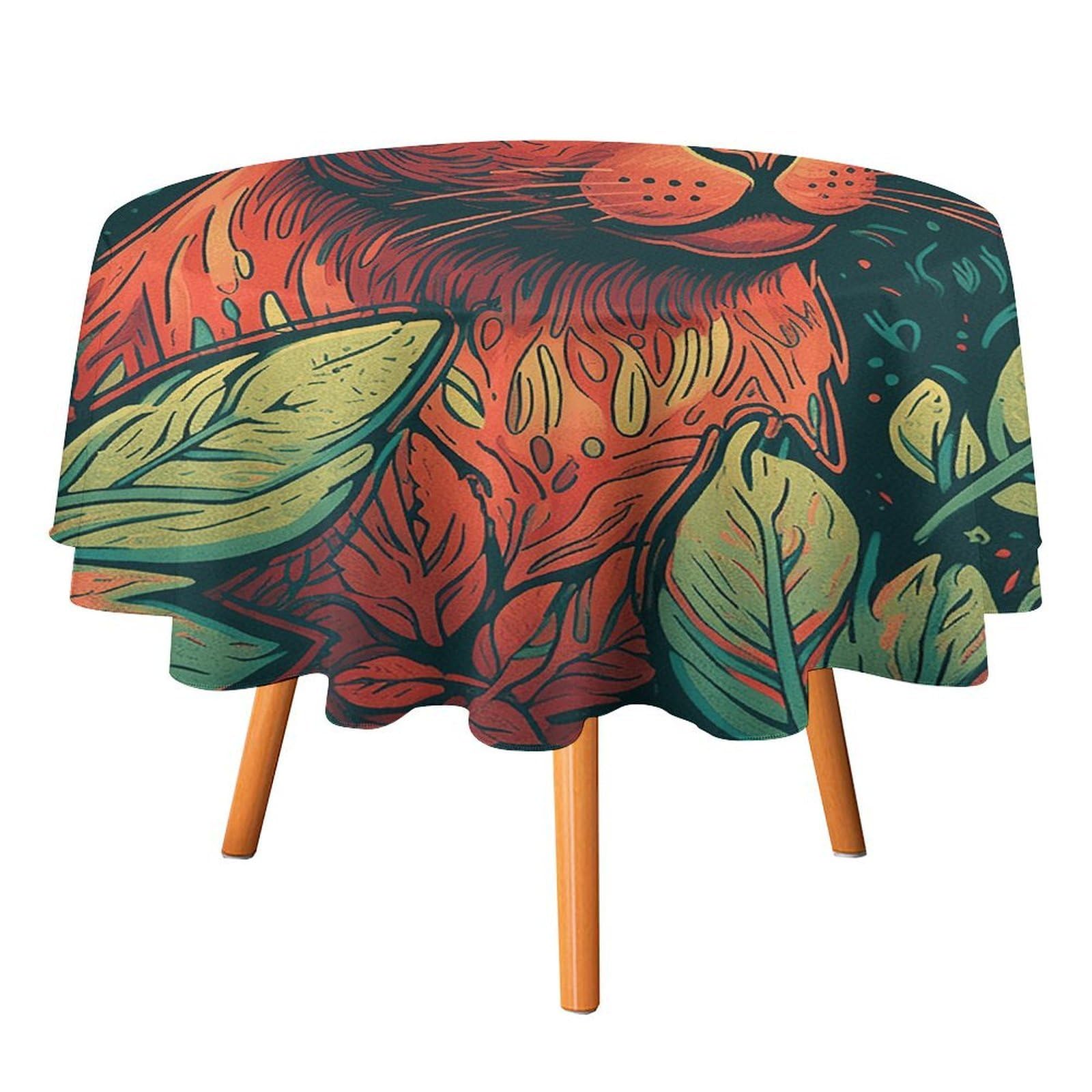 Fekiloot Style Green Leaf Cat Round Tablecloth - Heavy Duty And Washable,Polyester Decorative Fabric Table Cover,Tablecloths For Kitchen Dining, Wedding, Birthday Party50x50in