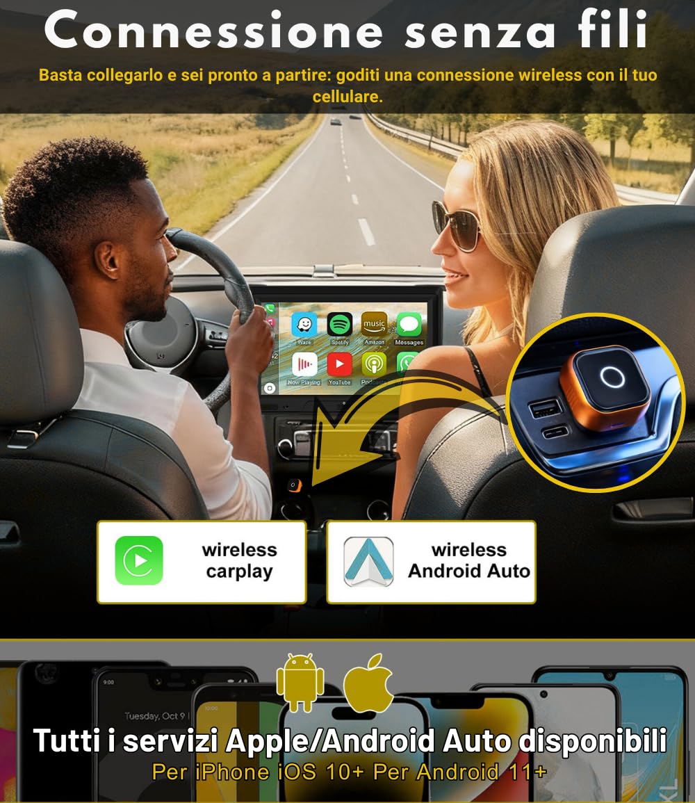 CarPlay Wireless 2026 Android Auto Adattatore Bluetooth compatibile con iPhone Apple e Android, elimina i cavi e migliora l’esperienza di guida con connessione stabile e senza ritardi SwiftLink Max
