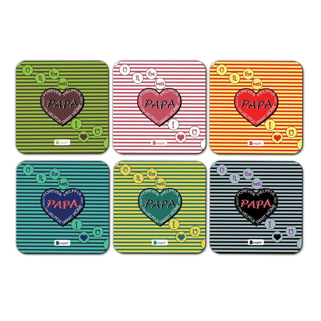 IndiGift Papa Gift Birthday Best Papa I Love You Quote Polka dots on line Seamless Pattern Multi Coaster 3.5"x3.5" Set of 6, Dad-Papa-Birthday Gift, Coasters for Dining Table