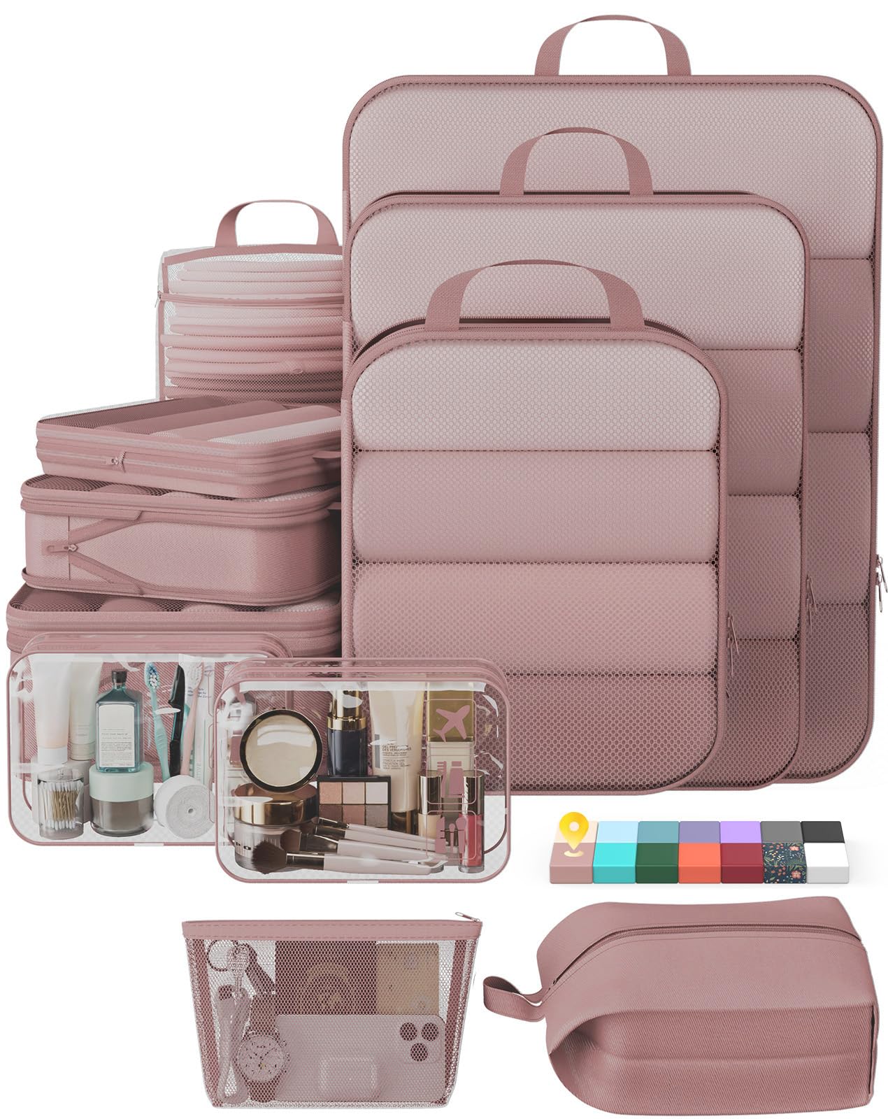 veken 11 set compression packing cubes for travel essentials,compressible expandable large luggage suitcase organizer bags for clothing,durable space saver storage bags with toiletry bags(light coral)