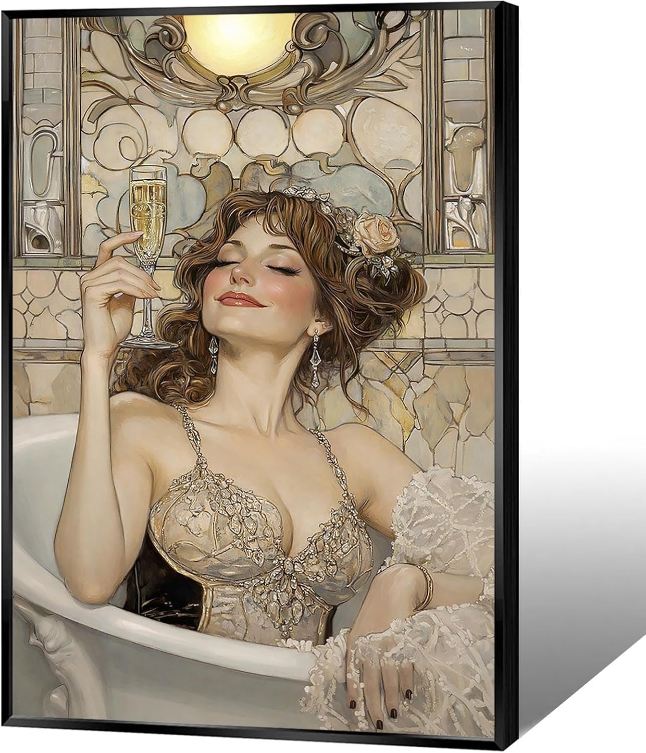Trendy Bathroom Woman Canvas Posters Elegant Glamour Girly Wall Art Champagne Bath Aesthetic Prints Painting For Living Room Restroom Toilet Wall Decor 24x36in Framed