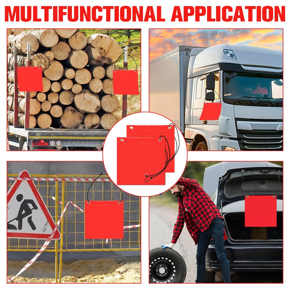 Lot de 2 Drapeaux D'avertissement Rouges, 30 X 30cm, Drapeaux De Signalisation Rouges Avec Corde Élastique Boucles en Cuivre, Drapeau D'Avertissement pour Voiture Caravane Remorque Porte-Vélos