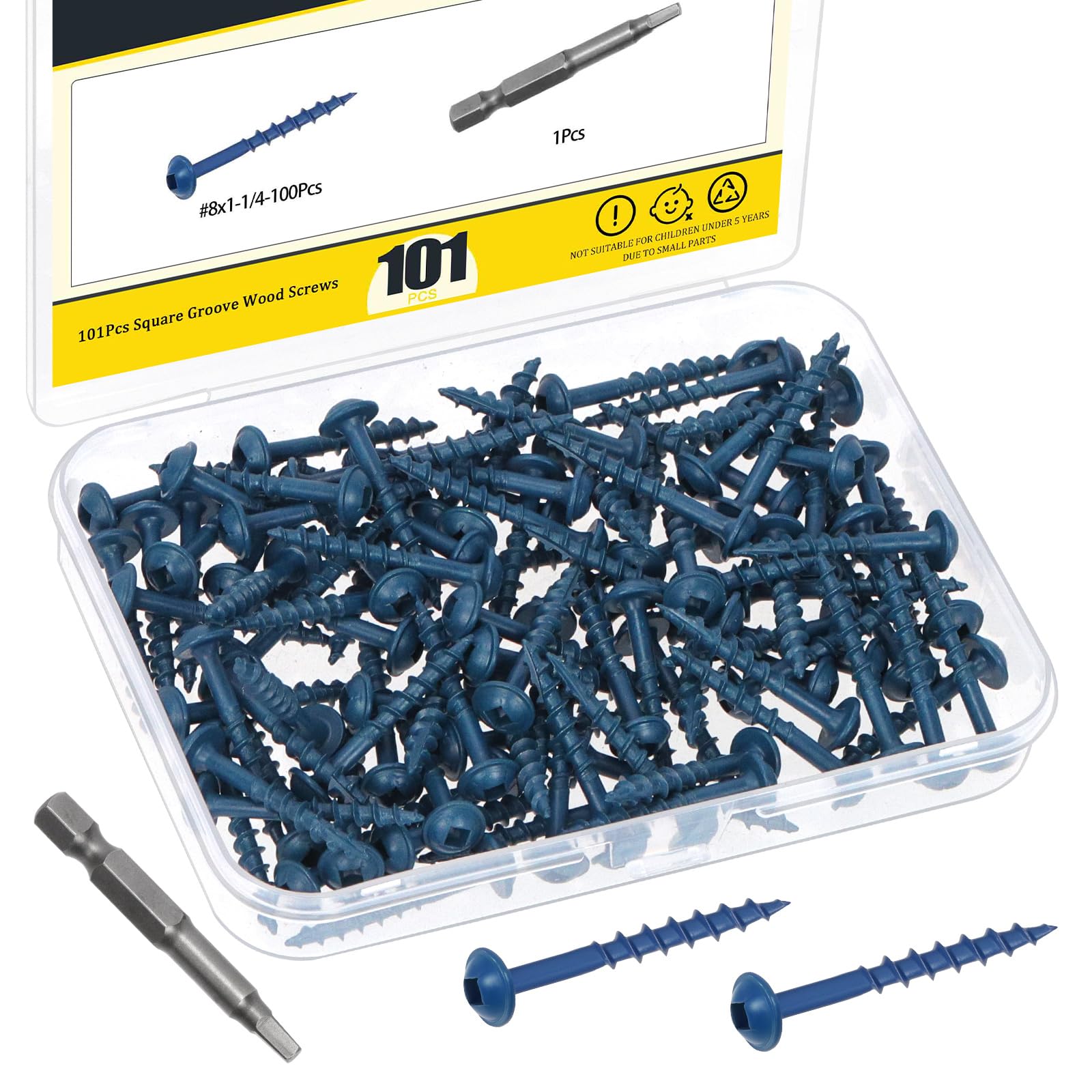 Mardatt 100Pcs Pocket Hole Screws, 32mm Anti-Rust Blue Coated Exterior Wood Screws, Coarse Thread Washer Head Square Drive, 50MM Drive Bit Included