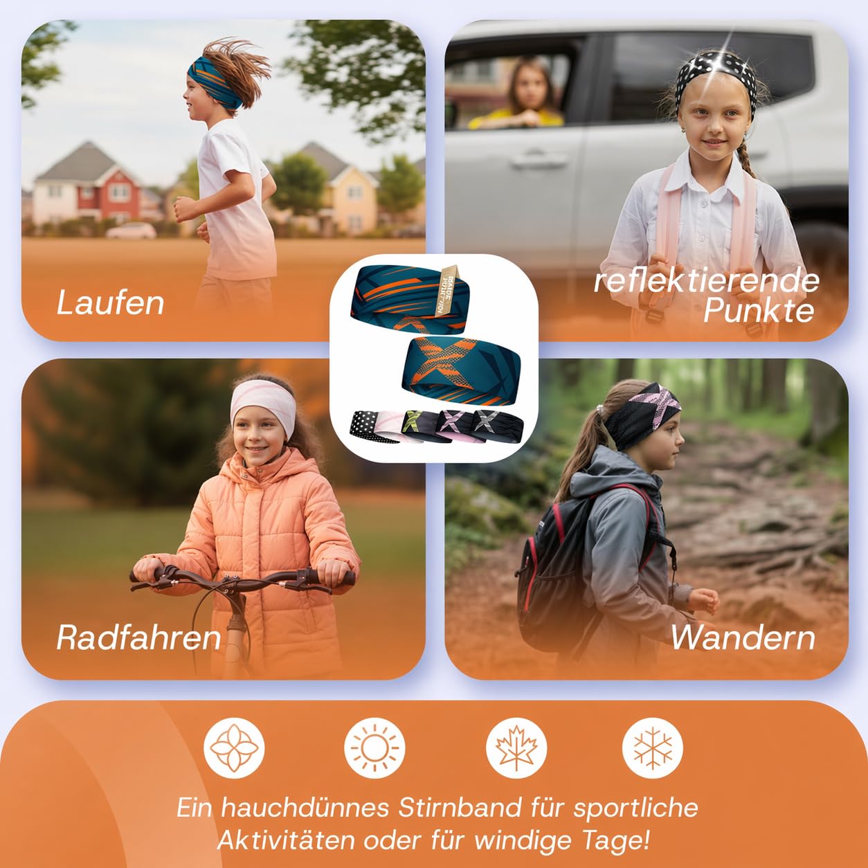 Fascia bambini sottile reversibile, fascia sportiva ultraleggera per bambine e bambini, elastica e traspirante sotto il casco, fascia bambini 4-14 anni (arancione)