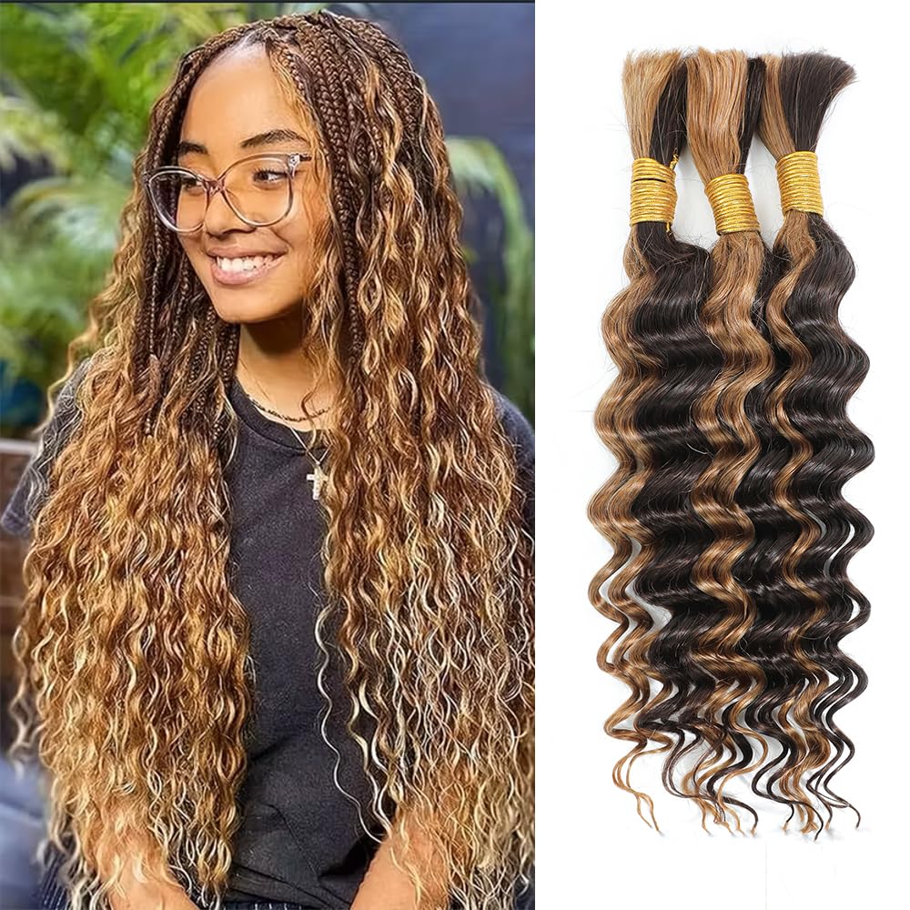 18 Inch Highlight Deep Wave Human Braiding Hair for Boho Braids 4/27 Curly Boho Hair for Braiding 12A No Weft Human Hair Bundles 40g/bundle Curly Wavy Hair Extensions 3 Bundles (4/27, 18 Inch)