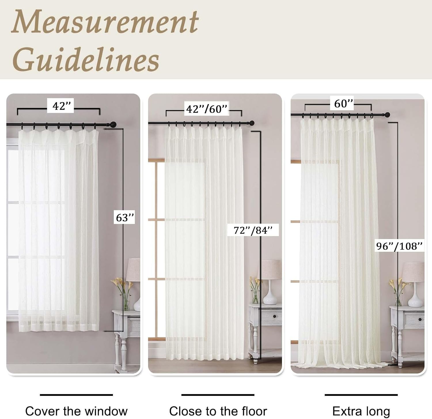 OVZME Ivory Sheer Curtains 96 Inches Long 2 Panels Set, Farmhouse Elegant Textured Pinch Pleated Curtain Panels Crinkled Voile Draperies Privacy with Light Filtering for Bedroom, 60Wx96L Inches 60"W x 96"L (Pack of 2) Ivory