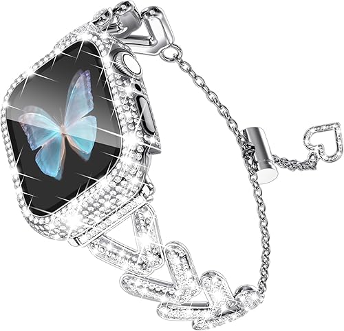 Miniatura 1 de Wingle Correas plateadas para Apple Watch de 1.614 in para mujer, iWatch Series 9, 8, 7, correa de metal de acero inoxidable, pulsera de diamantes