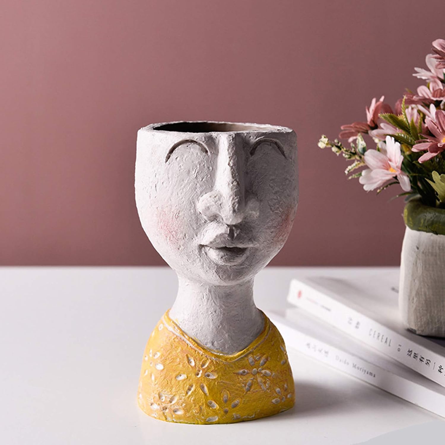 Flower Pot, Head Planter Face Planter Human Face Resin Flowerpot Vase Succulent Cactus Planter Craftwork Decorative Desktop Decor for Home Office Shops Garden Indoor Outdoor (Yellow Little Girl)