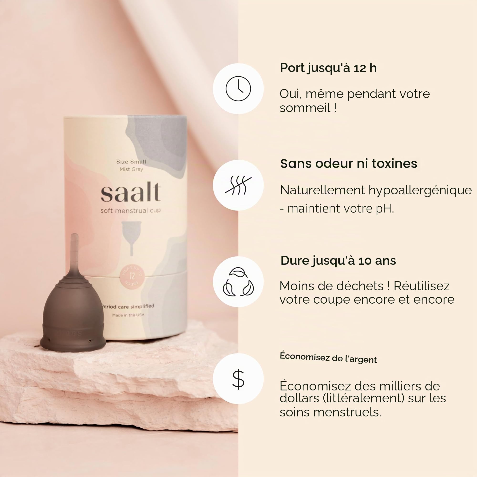 Saalt Soft Menstrual Cup – Coupe menstruelle réutilisable – Protection anti-fuites jusqu'à 12 heures – Sans BPA ni latex – Inclut une coupe et un sac de transport - taille Petit, Gris