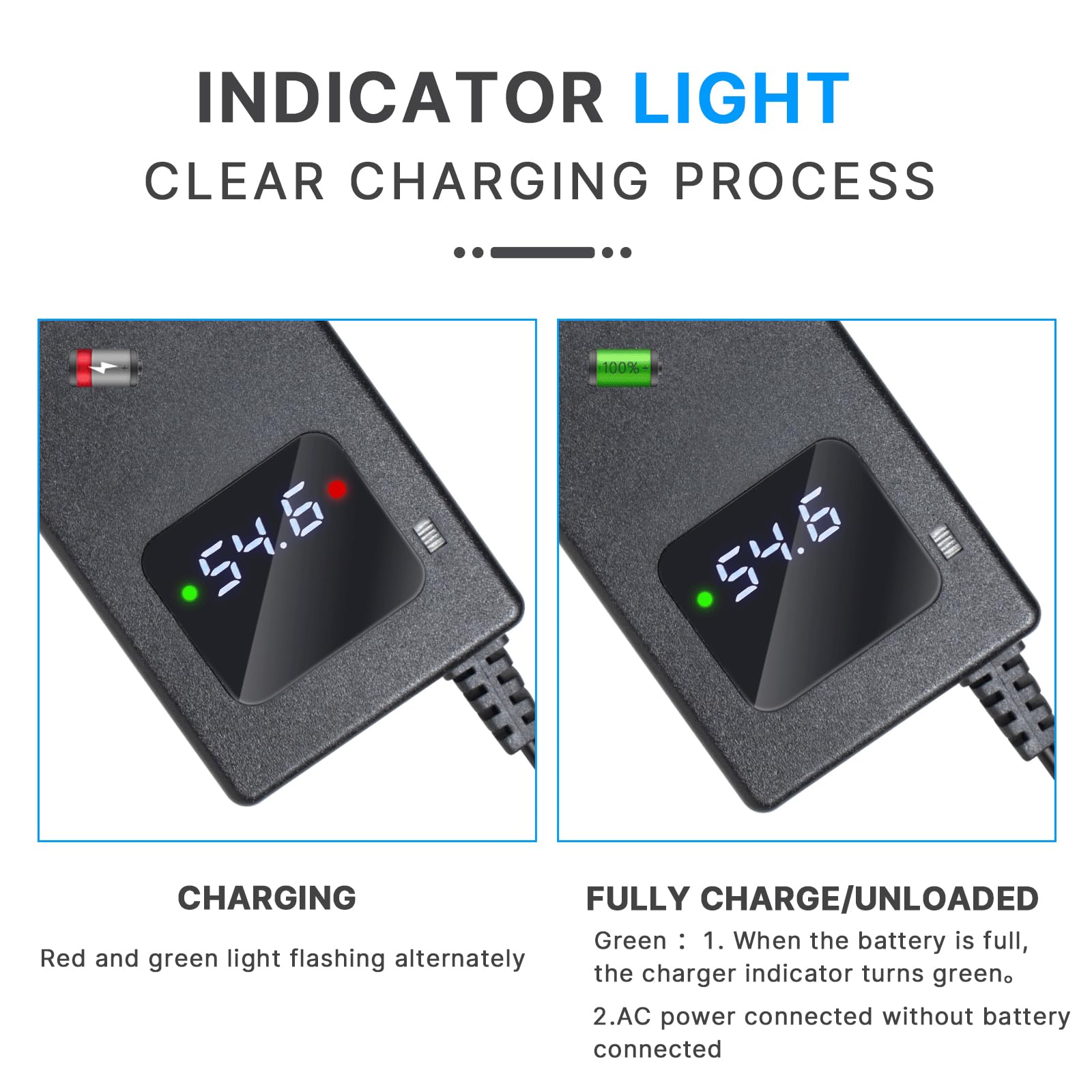 Caricabatterie da 54,6 2 A per scooter elettrico, 48 V, 13 s, batteria agli ioni di litio a 1 foro, spina da 5,5 x 2,1 mm, alimentatore di rete da 48 V con ventola integrata, con display per la