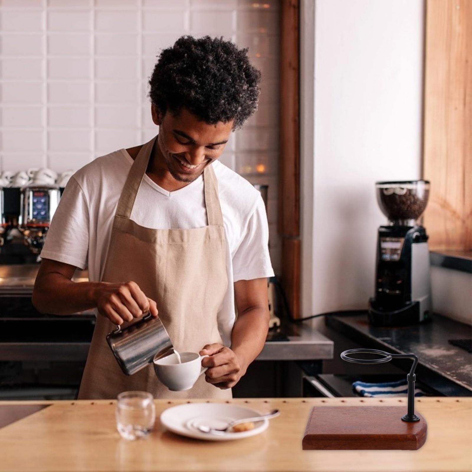 Abaodam Kaffeefilterständer Kaffeefilter Tassenhalter Verstellbar Aluminium und Holz Schwarz zum Handaufbrühen von Kaffee für Einen Glatten Kaffee