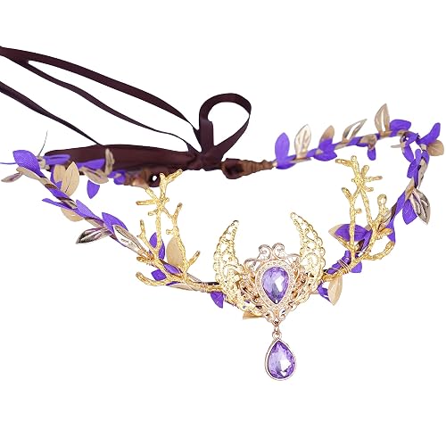 MOSTORY Handmade Woodland Moon Fairy Crown - Purple Floral Headpiece Forest Elf Circlet for Women Girls Renaissance Halloween Cosplay Party Costume Accessory - Gold Purple