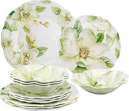 UP 12 Piece Magnolia Melamine Dinnerware Sets, Outdoor Dishes Set, Plates and Bowls Sets, Service for 4, Green