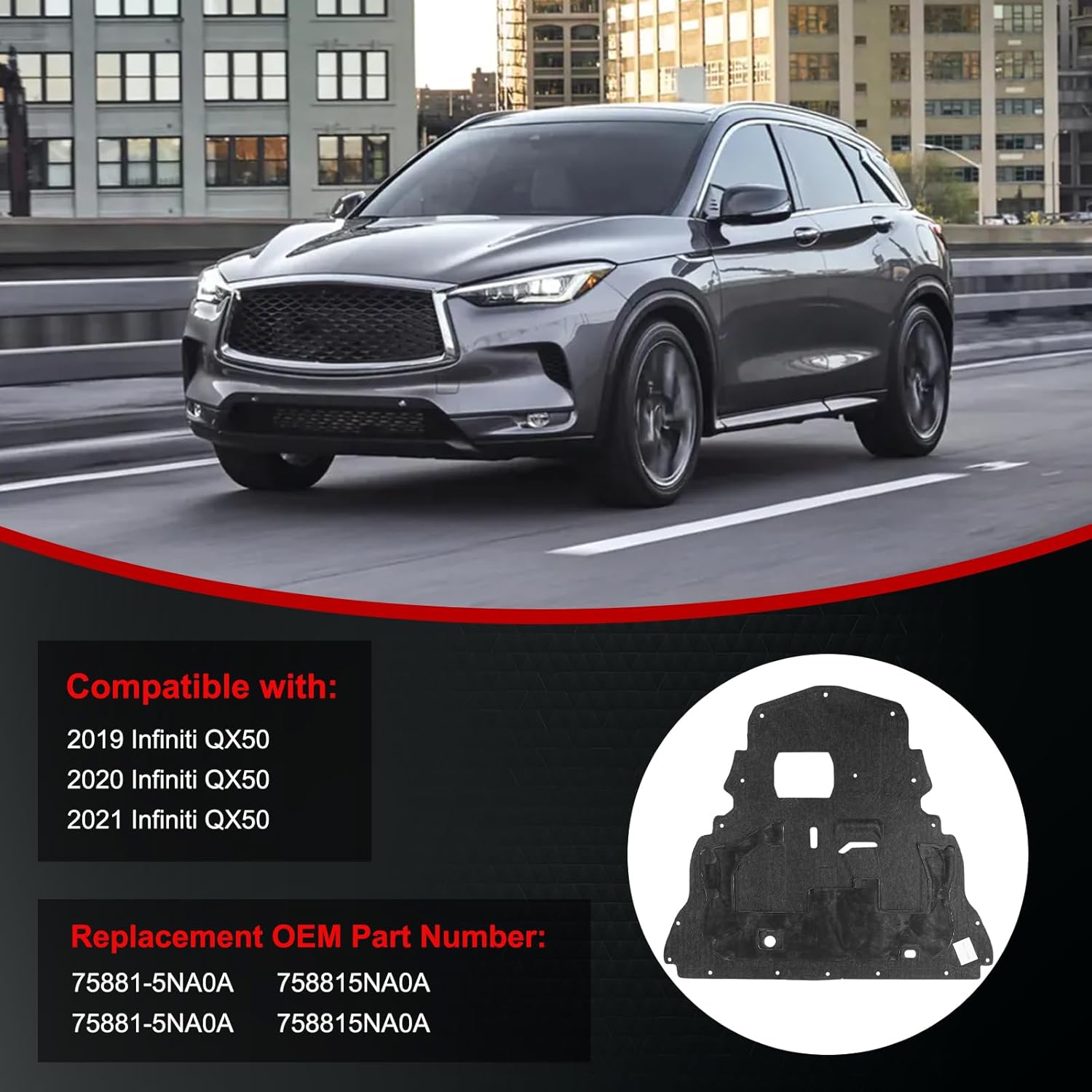 Front Lower Engine Under Cover Fit for 2019-2023 Infiniti QX50 Engine Splash Shield Undercar Bottom Cover Plastic Replace OE 75881-5NA0A 758815NA0A Splash Guard Shield Cover