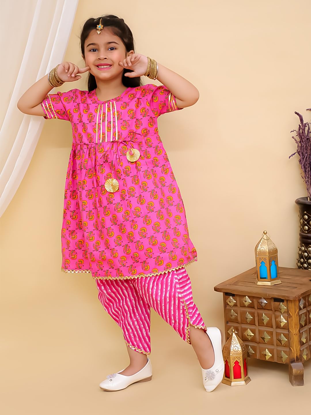 superminis Cotton Blend Baby Girls Printed Frock Style Kurta Set With Dhoti Style Salwar Ethnic Dress (Pink, 18-24 Months)