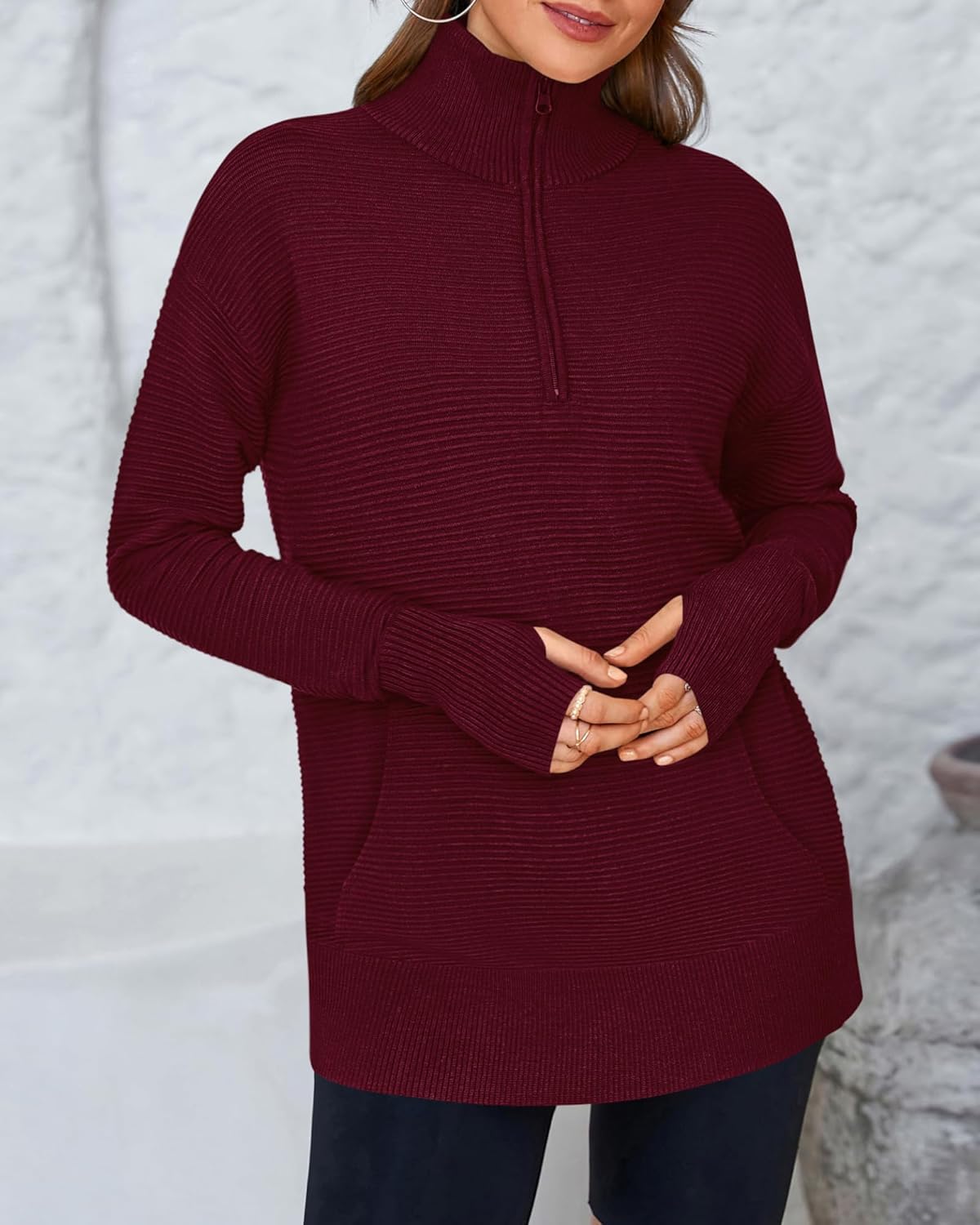 BTFBM Sweaters for Women Fall Clothes 2026 Pocket Quarter Zip Pullover V Neck Long Sleeve Knit Trendy Winter Sweater - Image 5