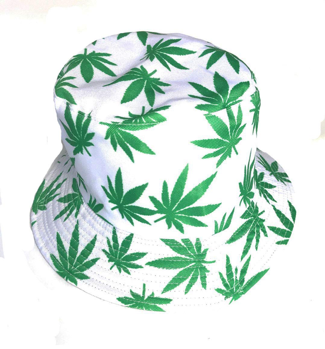 Kgm Accessories Unisex White Green Cool Ganja Leaf Print Bucket Sun Hat Festival Holiday Hats (White Green)