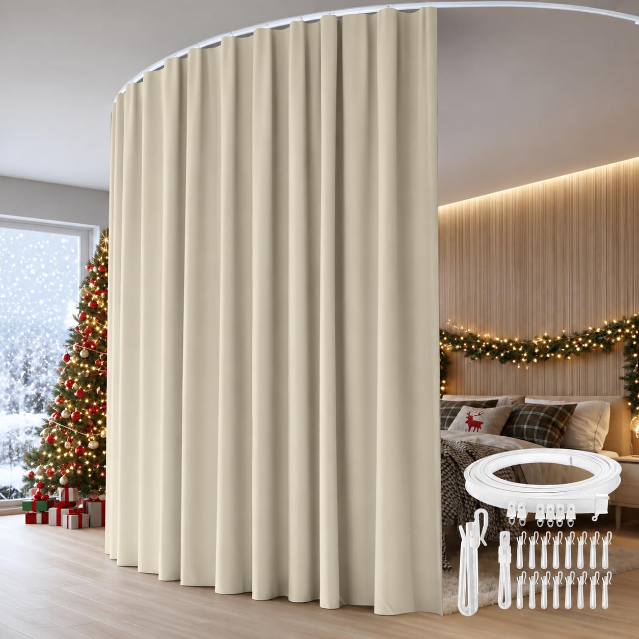Lapalife Extra Large Room Divider Curtain for Bedroom Living Room 100x108inch Blackout Privacy Partition with Flexible Track,Pinch Pleat Heading,Beige — image 1