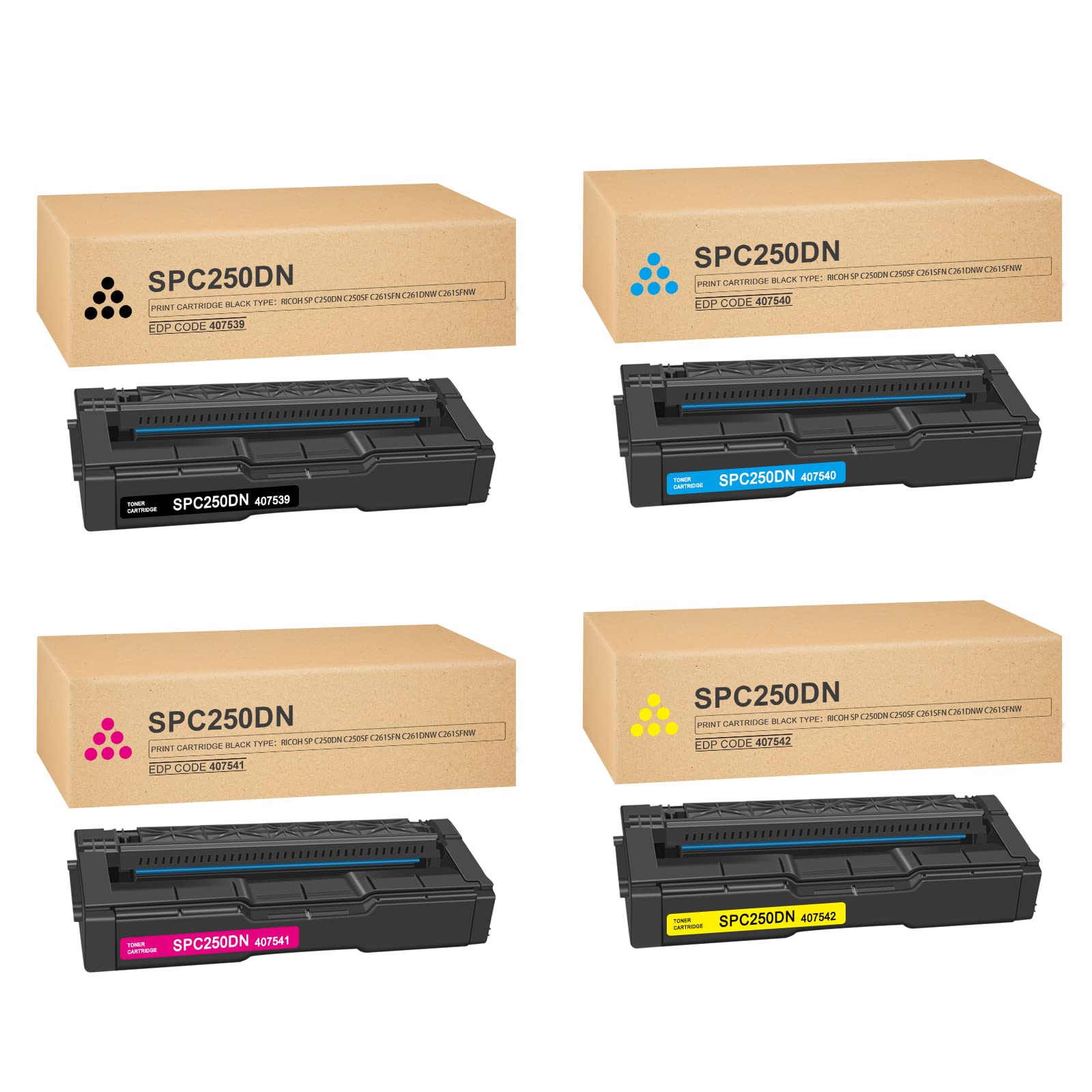 SP C250A Toner Cartridge, 4 Pack Black, Cyan, Magenta, Yellow Ricoh 407539 407540 407541 407542 Compatible with Ricoh SPC250A SP C250DN C250SF C261SFN C261DNW C261SFNW Printer