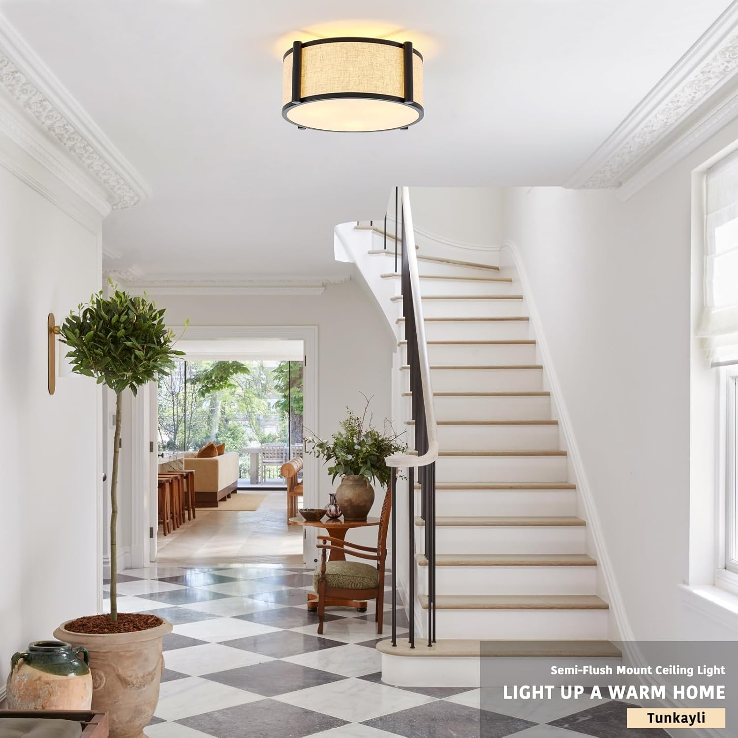 13" Semi Flush Mount Ceiling Light Modern 3-Lights Black Drum Ceiling Light Fixture with Fabric Linen Shade, Vintage Modern Ceiling Lighting for Laundry Room, Kitchen, Basement, Bedroom
