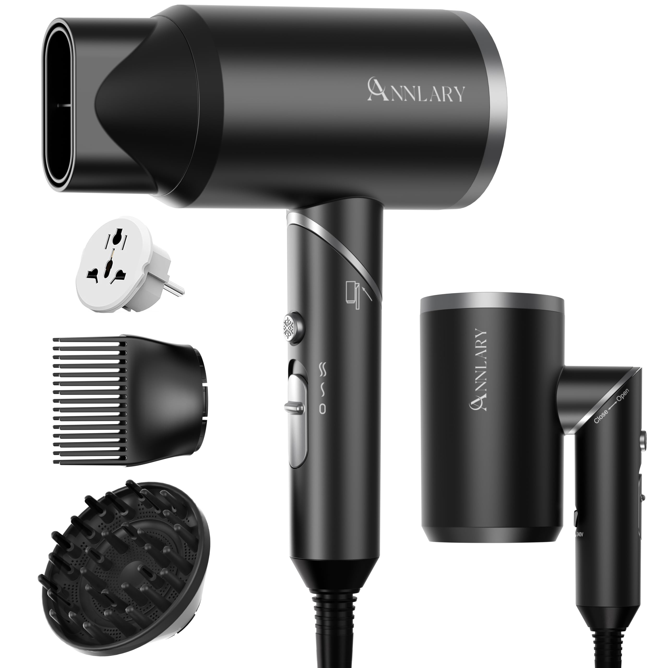 ANNLARY Hair Dryer with Comb | 1800W Blow Dryer with Diffuser for Curly Hair | Plasma Ionic Hairdryer for Frizz Control | Foldable & Protable Design for Travel | 6.5 ft ALCI Cord for Women and Men Matte Black