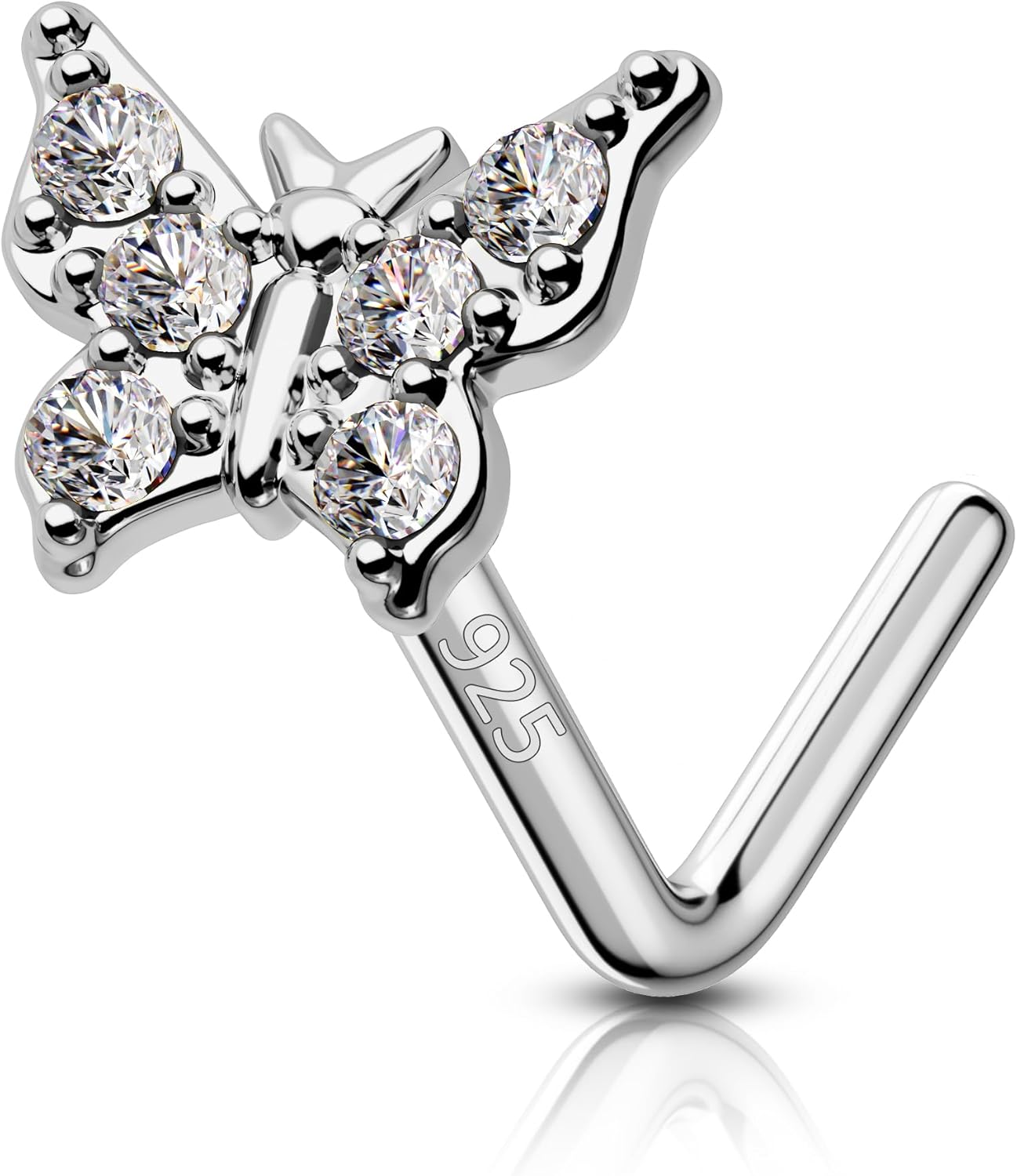 COCHARM 14K Gold Plated 925 Sterling Silver Nose Stud 20g Gold Butterfly Nose Ring Stud 7mm Long Flat Nostril Stud Gold L Bend Nostril Piercing Jewelry for Women