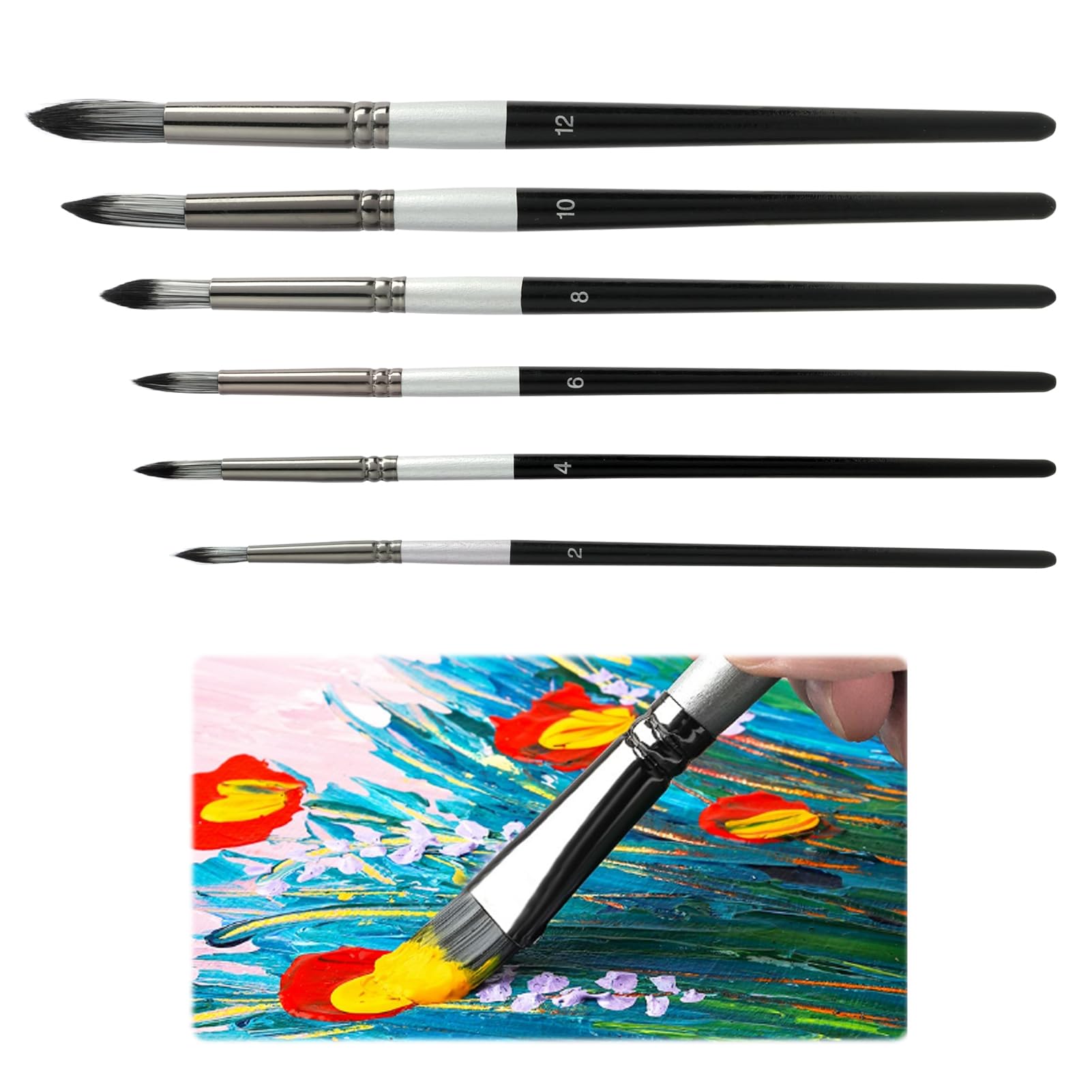 Kwinfei Black 6Pcs Artist Paintbrushes Round Pointed Tip Paint Brushes Set For Acrylic,Pointed Tip Paint Brushes Set, Oil, Watercolor, Gouache & Tempera Painting On Canvas, Miniatures, Ceramics