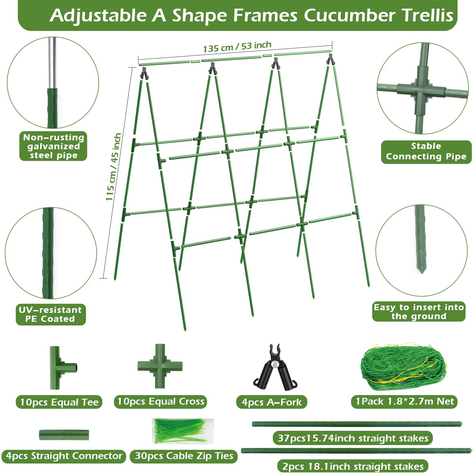 Gurken-Rankhilfe für Hochbeete, 45 x 53 Zoll Verstellbares A-Rahmen-Gartengerüst für Kletterpflanzen im Freien mit Kletternetz und Pflanzstützclip Ideal für Gemüse, Weintrauben, Tomaten & Gartenbedarf