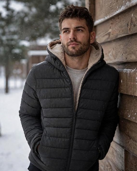 Men's Winter Puffer Jacket with Hood, Warm Sherpa Fleece Lined Padded Coat, Windproof Water-Resistant Jacket with Zip Pockets for Casual Outdoor Wear