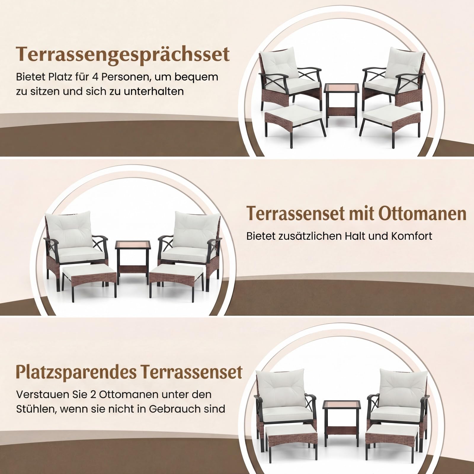 COSTWAY Rattan Gartenmöbel Set, 5-teiliges Balkonmöbel, Balkonset inkl. 2 Stühle mit Kissen, Hocker & Tisch, Terrassenmöbel, Gartengarnitur, Sitzgruppe für Garten, Balkon, Terrasse (Braun + Beige)