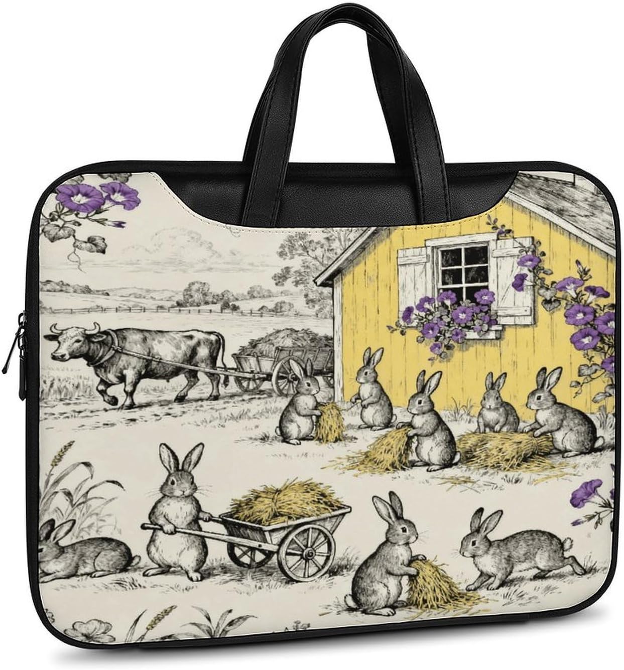 Hop Bloom Bunny Toile 37x28cm Black-style Laptop Bag Leather Tablet Computer Briefcase Large Capacity Work Business Tote Bags for Office