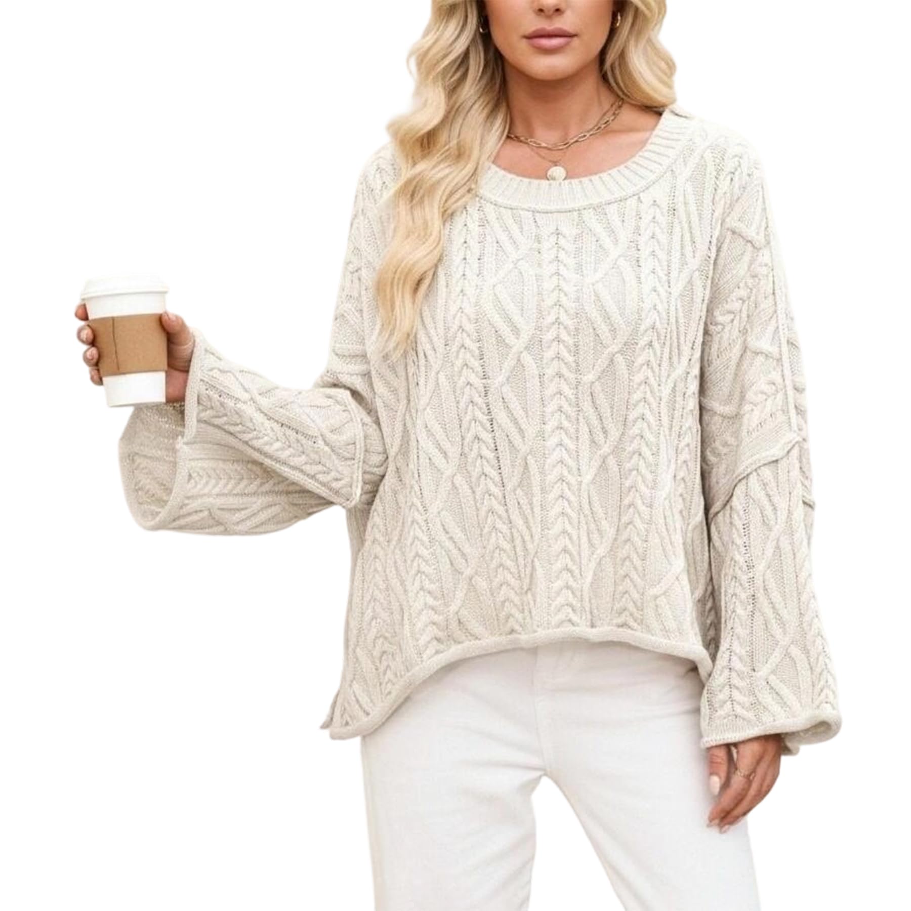 Voghtic Womens Cable Knit Long Sleeve Crewneck Pullover Sweater