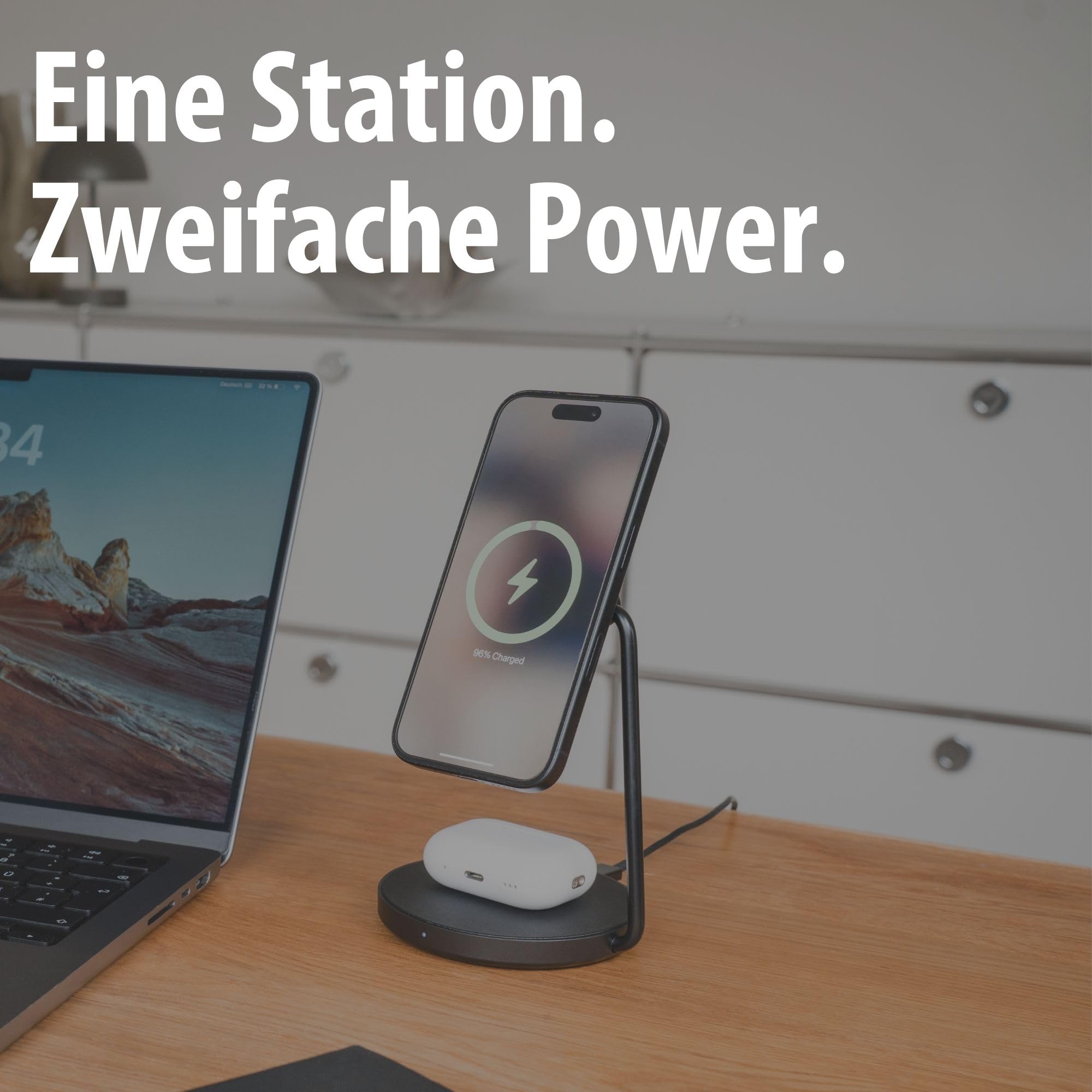 Brennenstuhl Stazione di ricarica 2 in 1 (pad di ricarica magnetico 15 W per smartphone con Qi2, compatibile con Qi2, compatibile con MagSafe, caricatore wireless da 5 W per cuffie)
