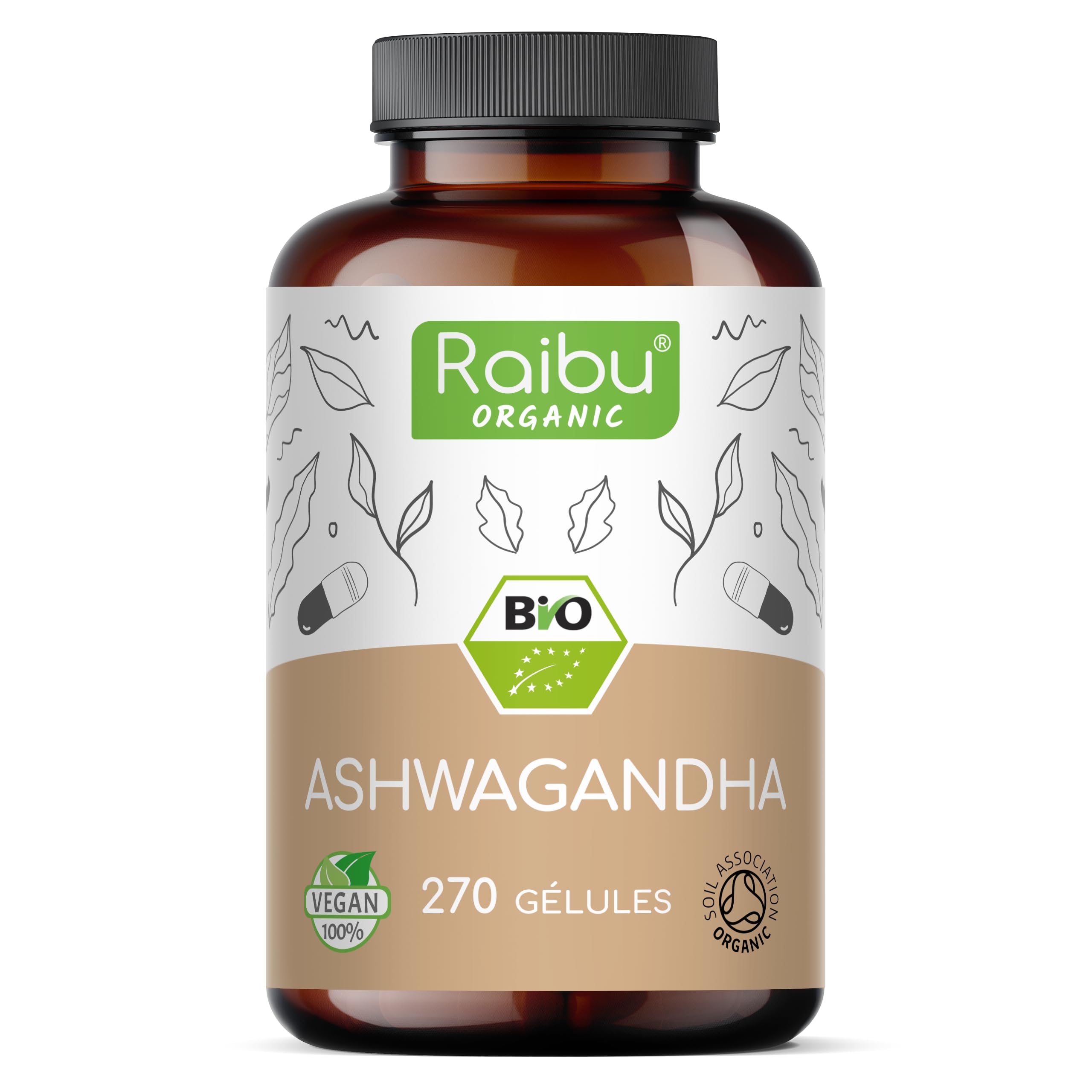 Ashwagandha BIO - 270 Gélules - Extra Fort : 2400 mg/jour - Ashwagandha Biologique Certifiée (Ginseng Indien/Withania Somnifera) - Sans Additifs, Végétalien - Pour votre Bien-être - Raibu