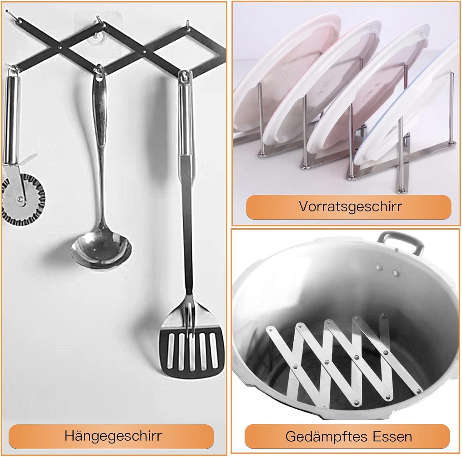 2-teiliges Grillset: Verstellbarer Spareribs Halter Grill aus Edelstahl – Topfdeckelhalter & Schneidebrett Halterung für Grill/Küche