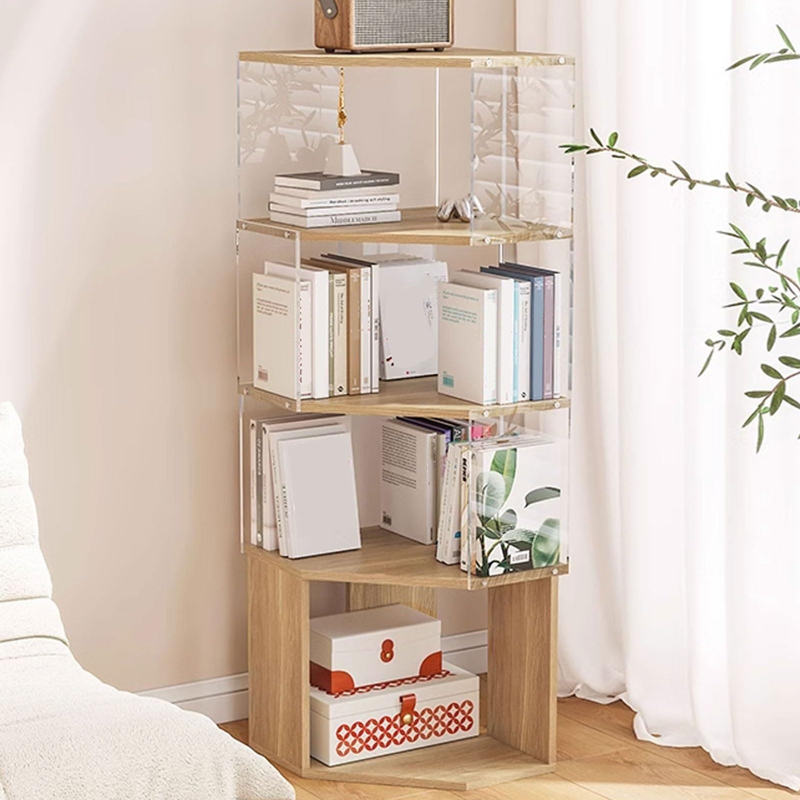 Meuble D Angle Salon Fabriqué en Bois Massif Et Panneau Acrylique Stockage Ouvert Étagère d'angle Conception À Angle Droit À 90° Assemblage Facile(Natural,68 * 120CM)
