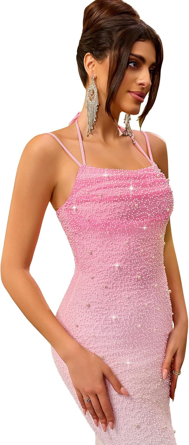 LVNES Beaded Maxi Tube Bodycon Formal Dresses for Women with Slit Strapless Ruched Wedding Guest Cocktail Dress - Image 3