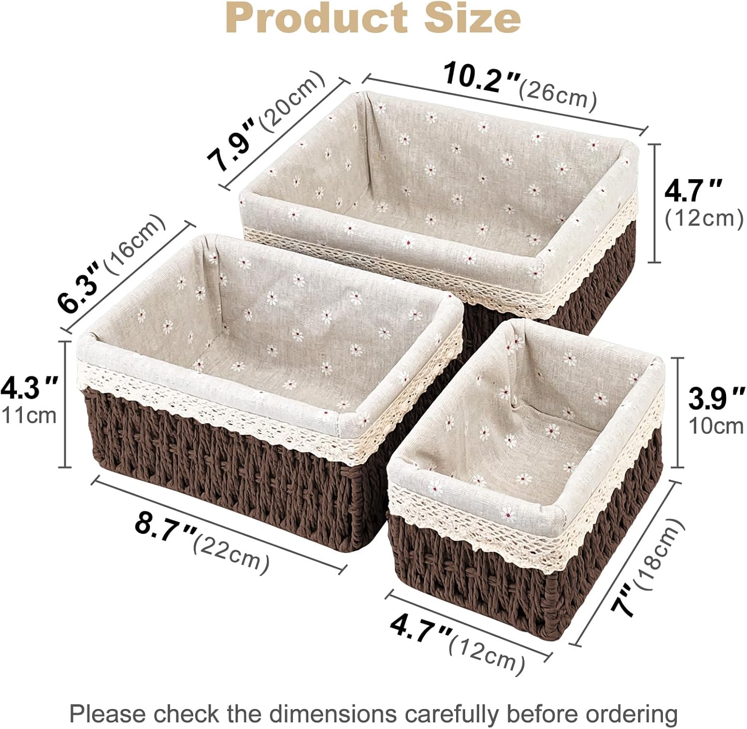 Wicker Storage Baskets 3-Pack Set, Hand-Woven Paper Rope Rattan Bins with Removable Liner, Multi-Size Organizer Baskets for Pantry, Countertop, Bedroom, Bathroom, Shelves (Dark-Brown, L+M+S)