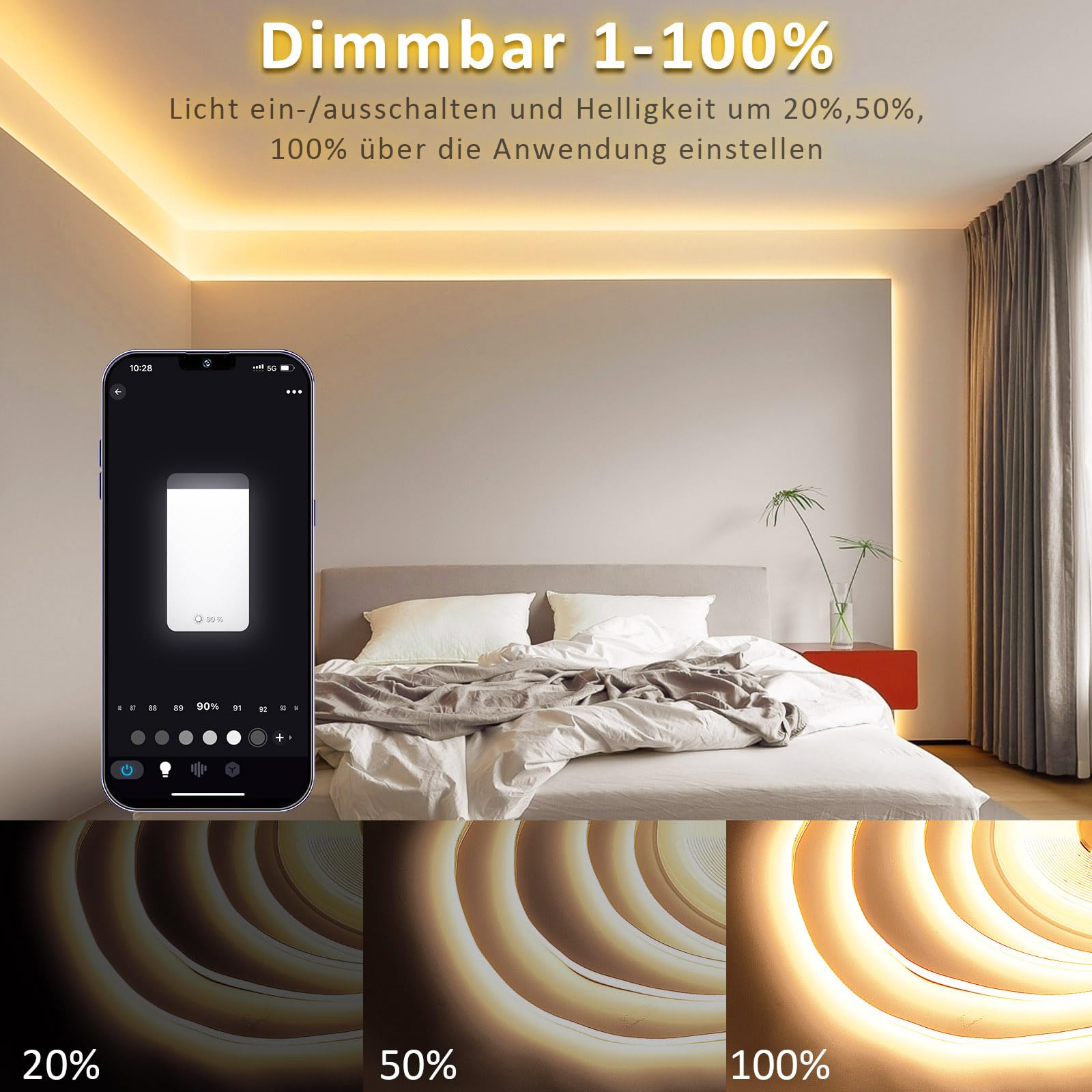 20 m Wifi Smart COB LED Striscia luminosa 2700 k bianco caldo, 384 led/M DC12 V, CRI 90+, 5670 lm, nastro LED COB set funziona con Google Home Assistant/Alexa, con dimmer wifi e alimentazione