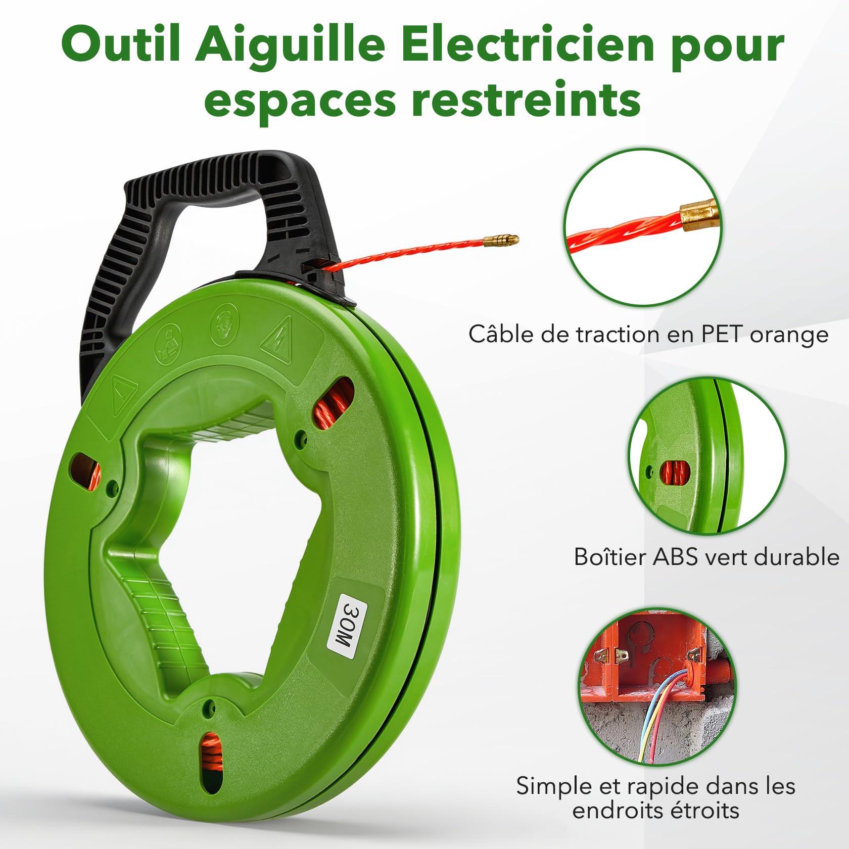 Pindex 30 m Aiguille Electricien 4 mm Tire Fils Cable Electrique avec 5 Adaptateurs pour Tuyaux Vides, Câble d'Alimentation, Câble Réseau, Fibre Optiqueuidage